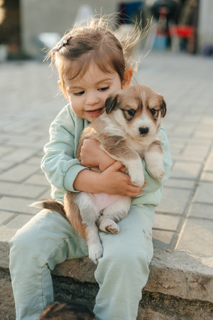 Little kid girl playing with cute little puppy in sunny summer garden. Little girl holding puppies. Child with pet dog. Kid and animals friendship.の写真素材