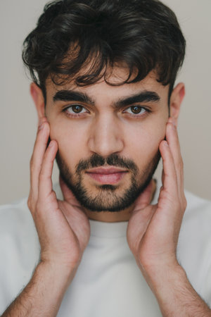 Close-up view of a handsome young man looking at camera expertising his face before shaving isoalted over grey background. Facial beauty. Facial skincare. Beauty face. Skin treatment. Health care, beauty treatment. Beauty salon. Hair care.の写真素材