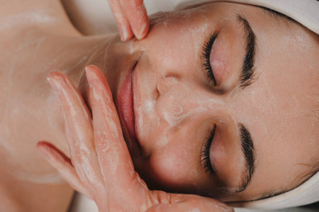 Crop anonymous female applying facial mask on face of young woman with closed eyes in a spa salon.の写真素材