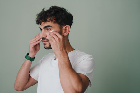 Young handsome man is cleaning his face with a cotton pads on isolated background. Facial treatment. Confident man. Skin care. Face treatment.の写真素材