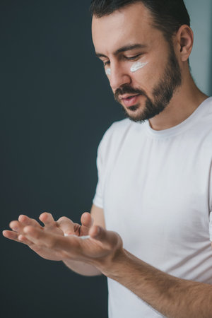 Attractive man applying moisturising cream on face while standing indoors. Handsome young man using...