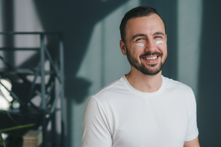 Front view portrait of a satisfied young man with face moisturizing cream on cheek, smiling and looking at camera. Skin care routine in morningの写真素材