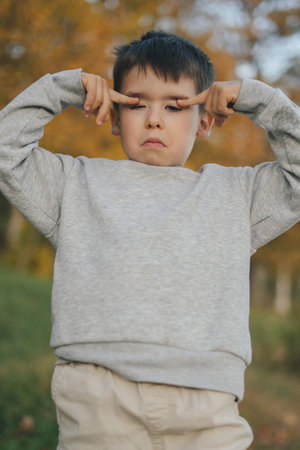 Portrait of a little boy making different gestures while posing in the autumn park. Playful little boy. Happy childhoodの写真素材