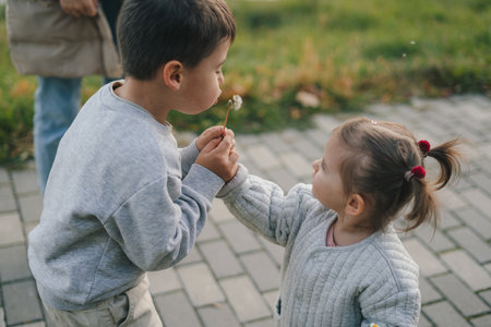 Little boy and girl blowing dandelions, playing in autumn nature. Happy children, brother and sister walking in the park.の写真素材