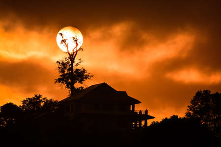 house sillhouette with full moonのeditorial素材