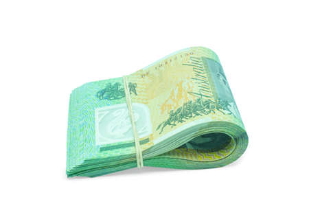 Folded of Australian banknotes isolated on white background with clipping path.の写真素材