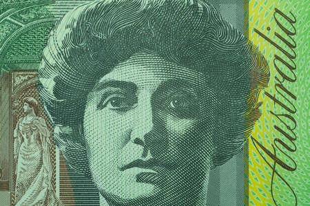 Close up on Australian dollar banknotes. Portrait of Nellie Melba on 100AUD banknotes. Shooting by 1:1 Macro lense for detail of Face, number etc. on banknotes.の写真素材
