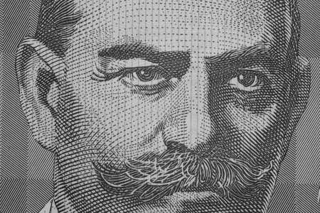 Close up on Australian dollar banknotes. Portrait Black and white of JOHN MONASH on 100AUD Banknotes. Shooting by 1:1 Macro lense.の写真素材