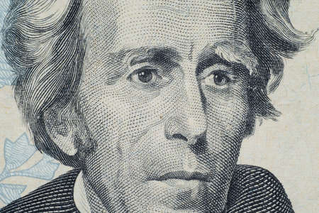 Close up on US dollar banknotes.  Portrait of Jackson on US dollar Banknotes. Shooting by 1:1 Macro lense.の写真素材