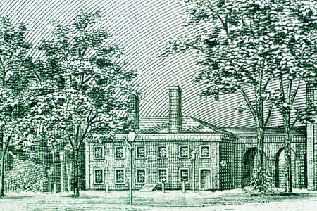 Close up on US dollar banknotes. Independence Hall on US Dollar banknotes. Shooting by 1:1 Macro lense.の写真素材