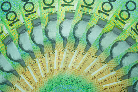 Australian dollar, Australia money 100 dollars banknotes stack on white background with clipping...