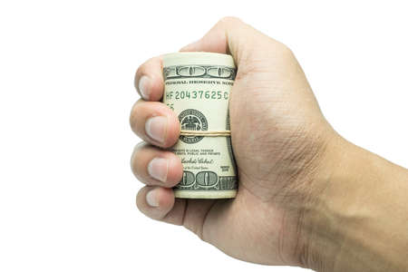 Male hand holding 100 hundred natknotes. Saving, money, finance donation, giving and bussiness...