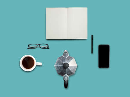 Look up view, Flat lay style, Working desk with working equipment coffee and moka pot epresso machine. isolated on pastel background with Clipping path.の写真素材