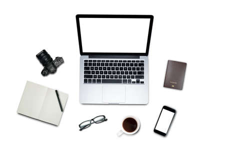 Top view, Flat lay style, Travel set, Working desk, computer, laptop, smart phone, coffee, mug, glasses, notebook and a lot of things on pastel color background with clipping path.の写真素材
