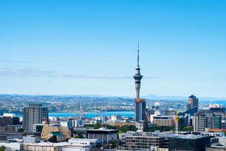 Landscape of Auckland City, New Zealand with the sea, tower, blue sky and cloud.  View from Mt. Edenのeditorial素材