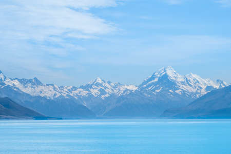 Beautiful scene of Mt Cookbeside the lake with blue sky and clouod in summer. New Zealandの写真素材