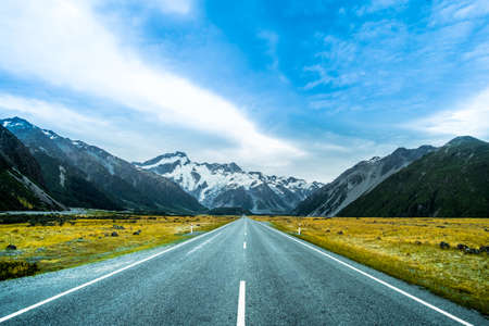 Beautiful scene of road on th way to to Mt cook. Christchurch, New Zealand
