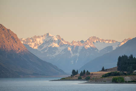 Beautiful landscape at sunrise of mt cook beside lake Tekapo at New Zealand