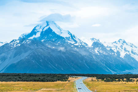 Beautiful scene of road on th way to to Mt cook. Christchurch, New Zealandの写真素材