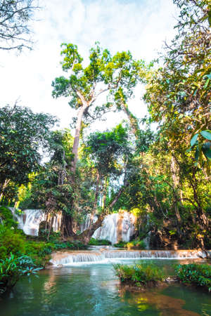 Than sawan Waterfall, Payao, Thailand, Long explosure shot, Beautiful green waterfall in the nature at sunset.
の写真素材