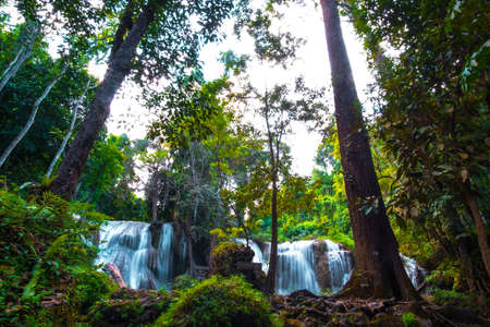 Than sawan Waterfall, Payao, Thailand, Long explosure shot, Beautiful green waterfall in the nature at sunset.の写真素材