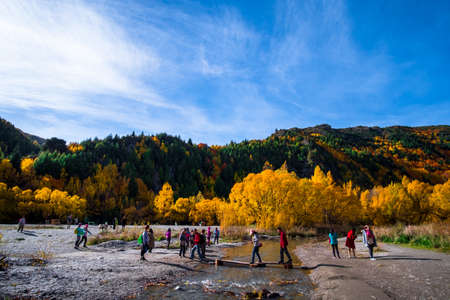 2018 April, 5 - Otago, New Zealand, People enjoy with Arrowtown in autumn with colorful trees.のeditorial素材