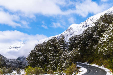The stunning scenery of a rocky mountain and trees covered with a white snow. A road to Milford Sound. A filmed while driving.の写真素材