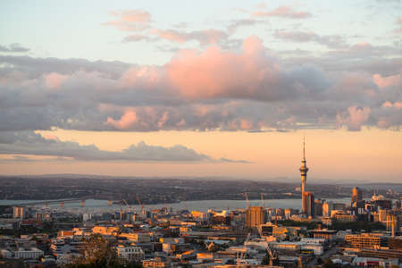 2017, DEC 4 - Auckland, New Zealand, Panorama view of Auckland Skytower and buildings. View from Mt....