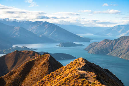 Beautiful landscape of the mountains and Lake Wanaka. Roys Peak Track, South Island, New Zealand.の写真素材