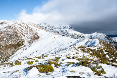 The stunning landscape of the snowy mountain on a foggy misty cloudy day. Kahurangi national park, New Zealand.の写真素材
