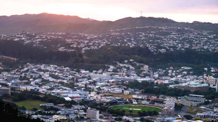 2018, JAN 1 - Wellington, New Zealand, The panorama landscape view of the building and scenery of the city at sunset.のeditorial素材