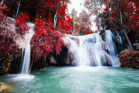 Beautiful waterfalls with red color leafs trees. Autumn scenes.