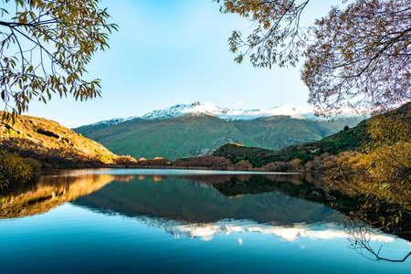 Stunning of the scenery of rocky snow mountain with the reflection of the yellow leafs tree forest in Autumn. Diamond lake track, Wanaka, New Zealand.の写真素材