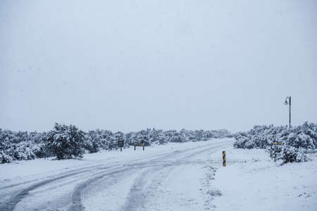 Atphalt road in the winter with foggy condition.
