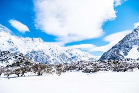Beautiful view of Mount Cook National Park covered with snow after a snowy day.の写真素材