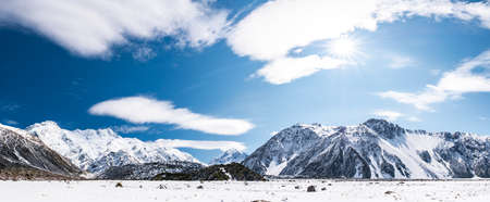 Beautiful view of Mount Cook National Park covered with snow after a snowy day.