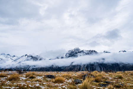 View of Mount Cook Village valley covered with white snow after a snowy day.