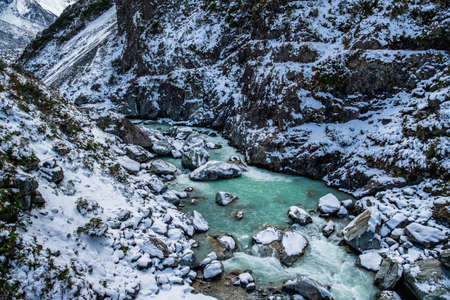 Beautiful view of the blue turquoise river in Hooker Valley track. Mount Cook National Park.の写真素材