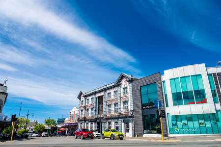 2018 Nov 2nd, New Zealand, Timaru, View of the town building and people in the morning.のeditorial素材