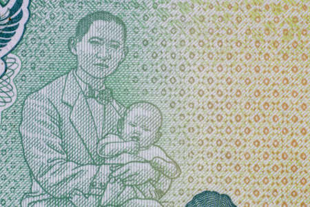 The story and biography of King Rama 9 on Thai Banknotes. Macro 1:1 Photograph..