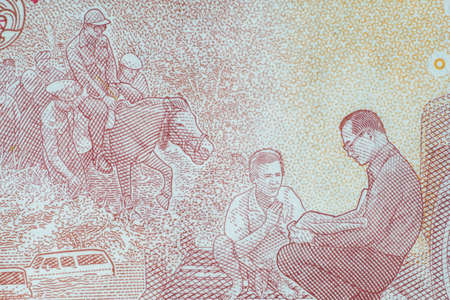 The story and biography of King Rama 9 on Thai Banknotes. Macro 1:1 Photograph..