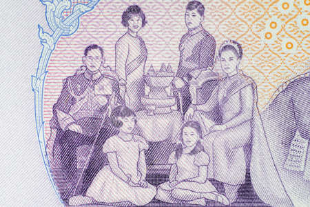 The story and biography of King Rama 9 on Thai Banknotes. Macro 1:1 Photograph..