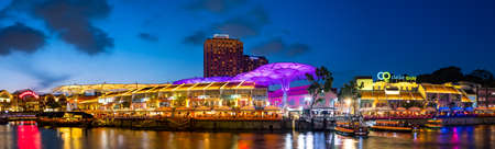 2019 March 1st, Singapore, Clarke Quay - Panorama view City nightscape scenery of colorful the buildings along the river in the city..のeditorial素材