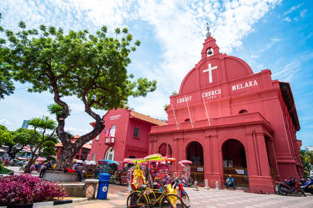 2019 May 8th, Malaysia, Melaka - View of buildings and people at the Dutch square on a beautiful...