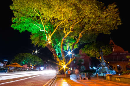 2019 May 8th, Malaysia, Melaka - Long exposure view of the building and fountain at the Dutch square at night..のeditorial素材