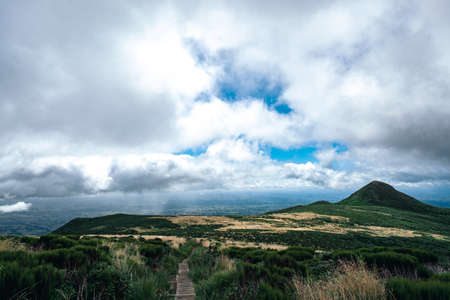 A pathway on the mountain. Cloudy and raining scene.の写真素材