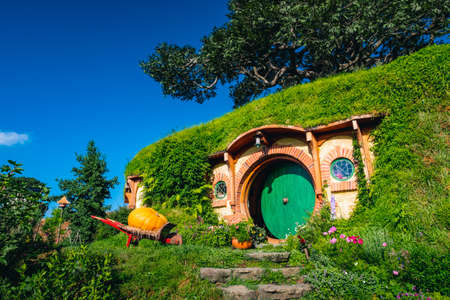 2019, February 18th, New Zealand, Matamata, Hobbiton movie set - Beautiful scenery of the garden and...
