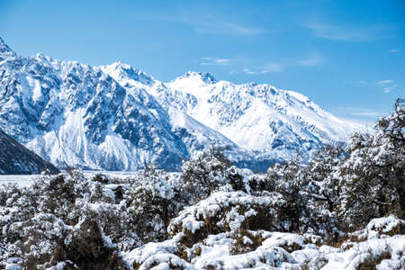 Beautiful view of Mount Cook National Park covered with snow after a snowy day.の写真素材