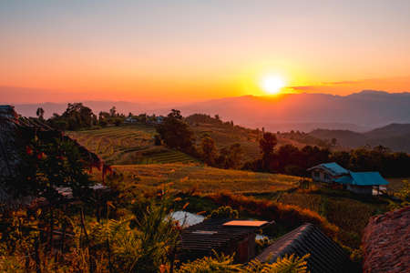 Sunset scene on the top of the mountain. View of rice plantation over the hills. Pa Bong Beang rice field village, Chiang mai, Thailand.の写真素材