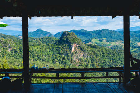 Beautiful scenic landscape mountain and nature at Ban Jabo, Mae Hong Son, Thailand.  The famous destination in Northern, Remarkable viewpoint platform.の写真素材